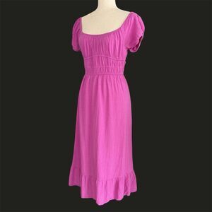 Sim Sam Rayon Linen Milkmaid Midi Dress Size M Peasant Cottage Pink Off Shoulder